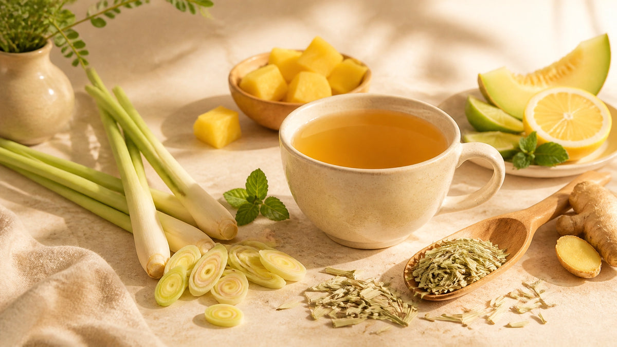 A cozy mug of golden lemongrass tea surrounded by fresh lemongrass, citrus, fruit, and herbs